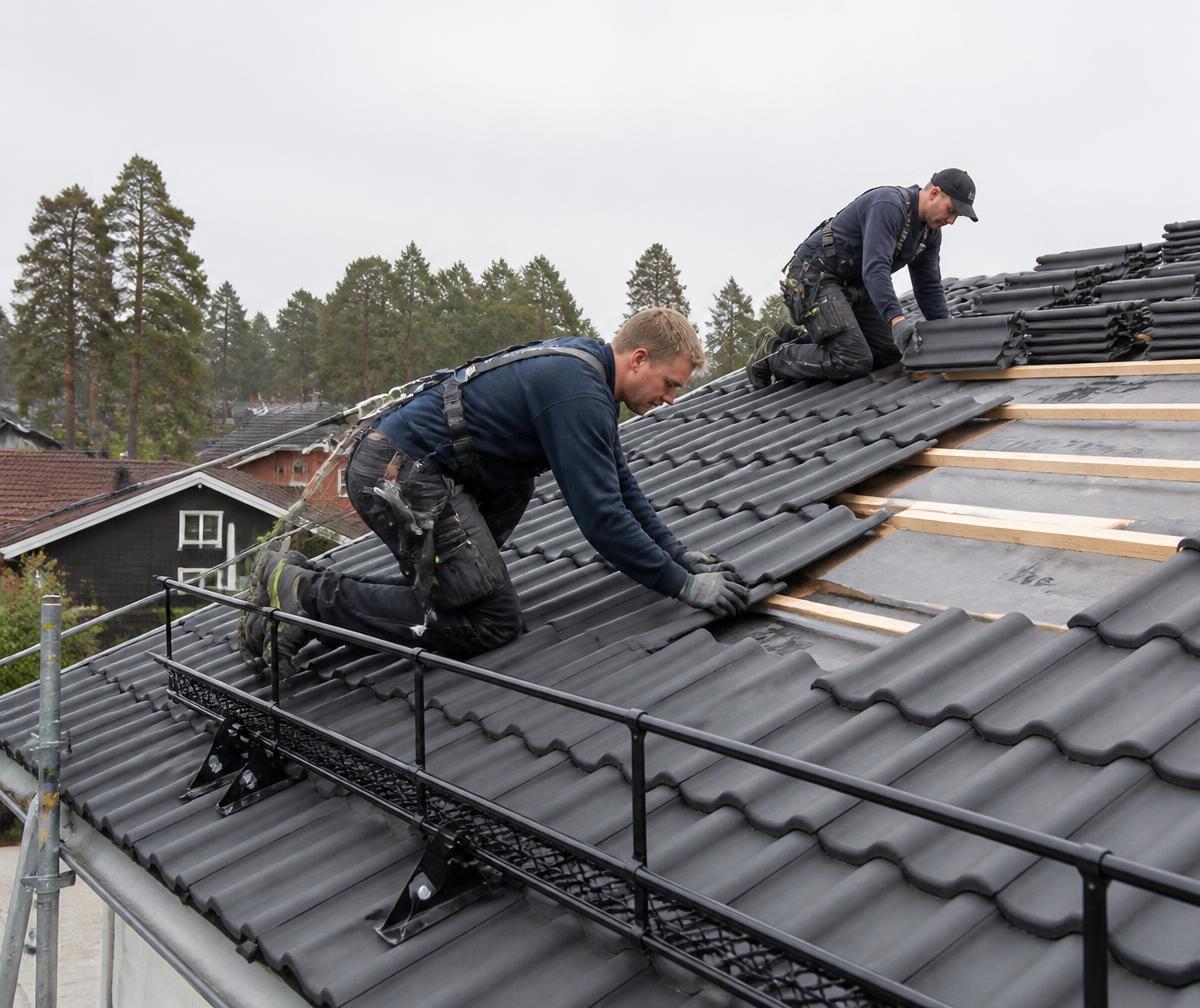 Två takläggare lägger nya betongpannor på taket till en svensk villa