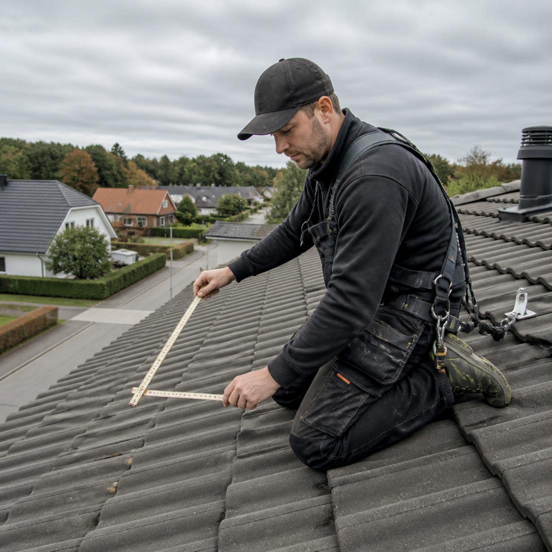 Takläggare mäter upp ett tegelklätt villatak i ett svenskt bostadsområde